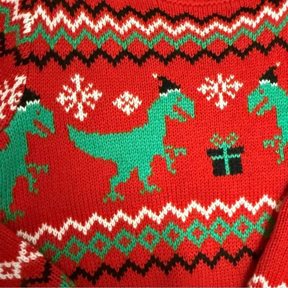 Kids Dinosaur Holiday Sweater Set - Red and Green